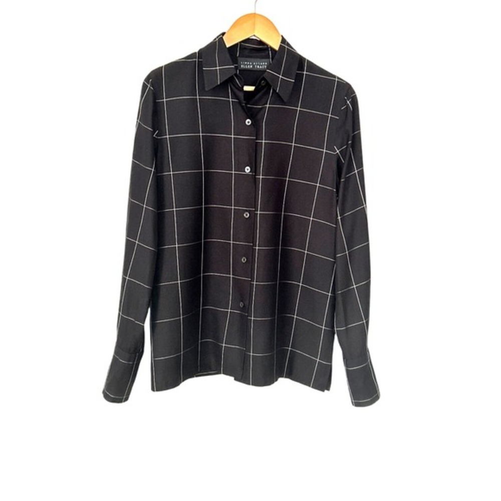 Vintage 90s Minimalist Linda Allard Ellen Tracy Silk Windowpane Career Blouse 6